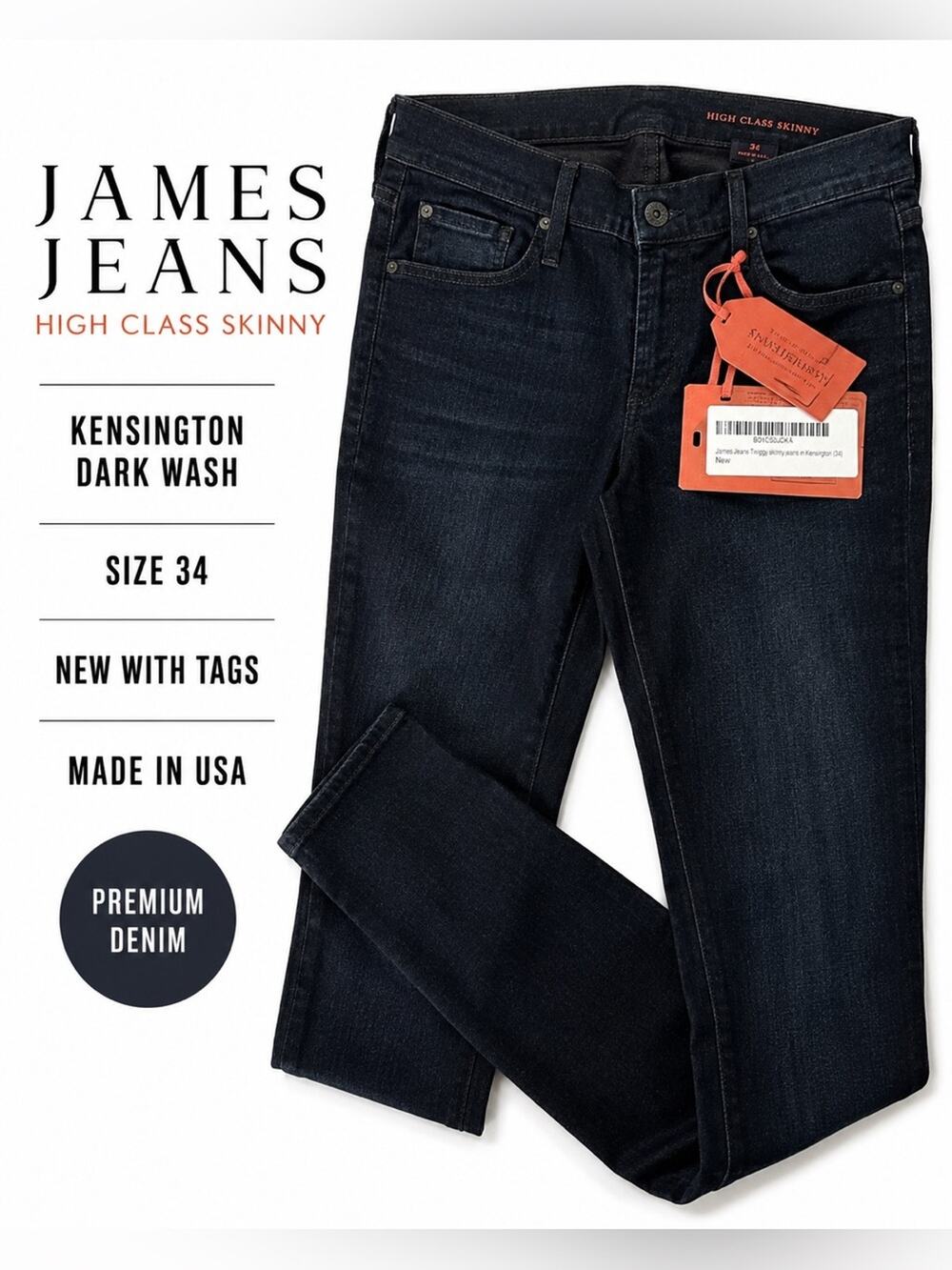 NWT James Jeans High Class Skinny Jeans Kensington Wash Dark Wash Size 34 USA